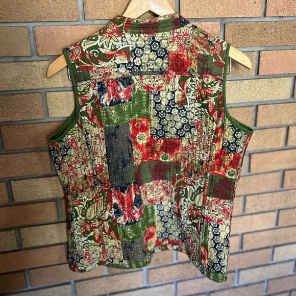 Olive Red Yellow Patchwork Print Quilted Reversible Boho Vest Floral Fall - Picture 8 of 8